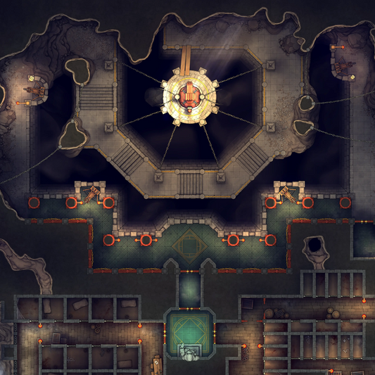 Prison Mountain Dungeon Battlemap - overhead view multi-level dungeon catacomb - Digital, Foundry VTT, Print