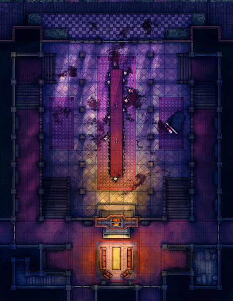 Scarlet Devil Mansion Ballroom & Library Battlemap - blood-splattered banquet hall - Digital, Foundry VTT, Print