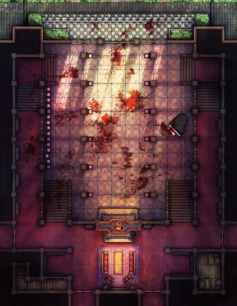 Scarlet Devil Mansion Ballroom & Library Battlemap - blood-splattered grand hall - Digital, Foundry VTT, Print