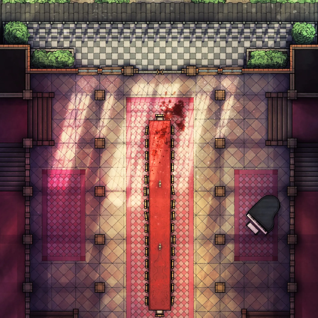 Scarlet Devil Mansion Ballroom & Library Battlemap - blood-splattered banquet table - Digital, Foundry VTT, Print