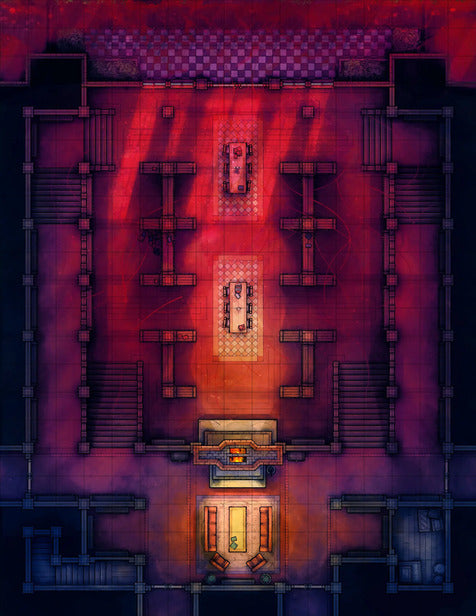 Scarlet Devil Mansion Ballroom & Library Battlemap - red-lit dungeon map - Digital, Foundry VTT, Print