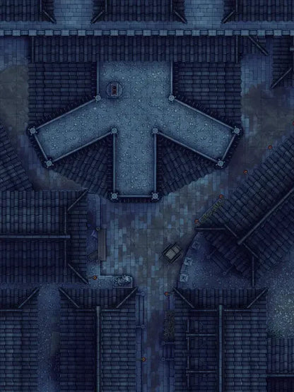 Silk Pony Inn Battlemap - overhead view dark stone city - Digital, Foundry VTT, Print
