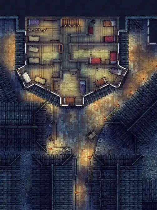 Silk Pony Inn Battlemap - overhead view layout - Digital, Foundry VTT, Print