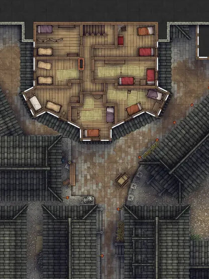 Silk Pony Inn Battlemap - overhead view multiple rooms beds - Digital, Foundry VTT, Print