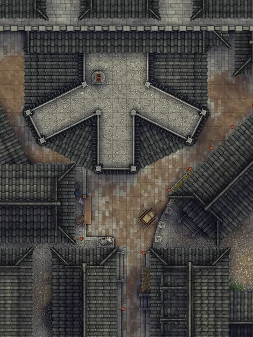 Silk Pony Inn Battlemap - overhead view stone city intersection - Digital, Foundry VTT, Print