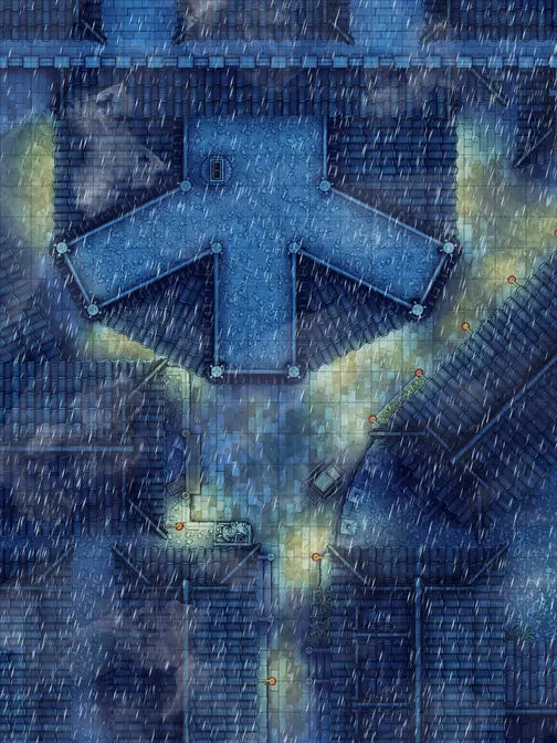 Silk Pony Inn Battlemap - rainy city intersection - Digital, Foundry VTT, Print