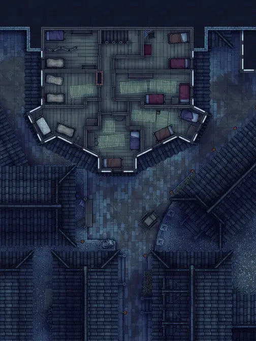 Silk Pony Inn Battlemap - top-down view multiple rooms beds - Digital, Foundry VTT, Print