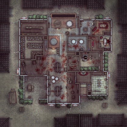 Smugglers’ Sake Brewery Hideout Battlemap - blood-splattered map - Digital, Foundry VTT, Print