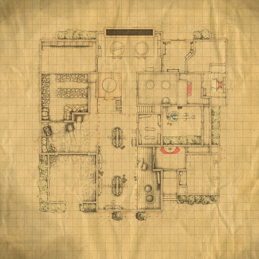 Smugglers’ Sake Brewery Hideout Battlemap - detailed floor plan - Digital, Foundry VTT, Print