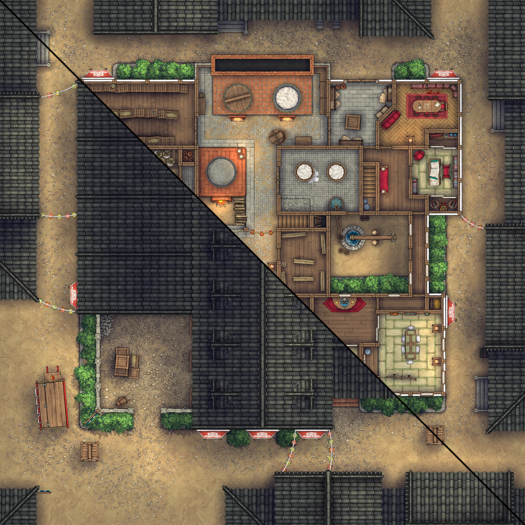 Smugglers’ Sake Brewery Hideout Battlemap - detailed floorplan - Digital, Foundry VTT, Print