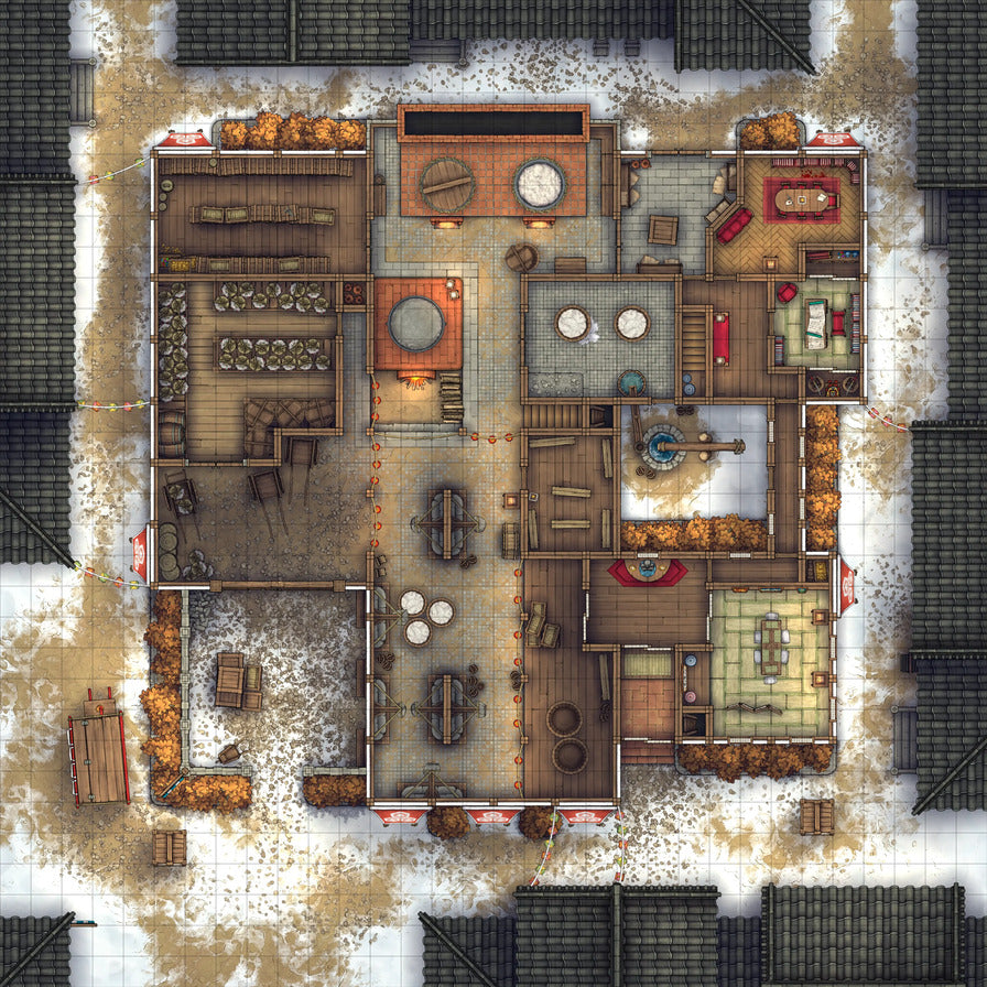 Smugglers’ Sake Brewery Hideout Battlemap - detailed floorplan - Digital, Foundry VTT, Print
