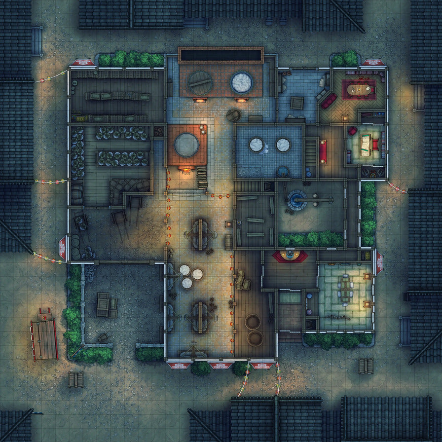 Smugglers’ Sake Brewery Hideout Battlemap - detailed floorplan - Digital, Foundry VTT, Print