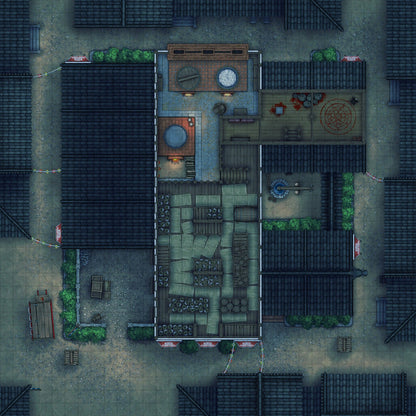 Smugglers’ Sake Brewery Hideout Battlemap - overhead view complex - Digital, Foundry VTT, Print