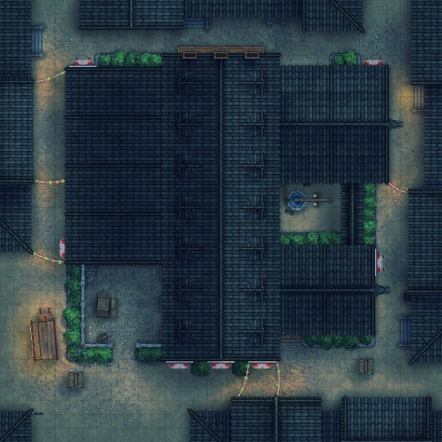 Smugglers’ Sake Brewery Hideout Battlemap - overhead view dark asian-style town - Digital, Foundry VTT, Print