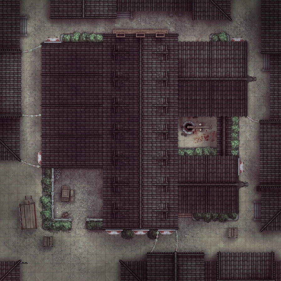Smugglers’ Sake Brewery Hideout Battlemap - overhead view dark tiled-roof - Digital, Foundry VTT, Print