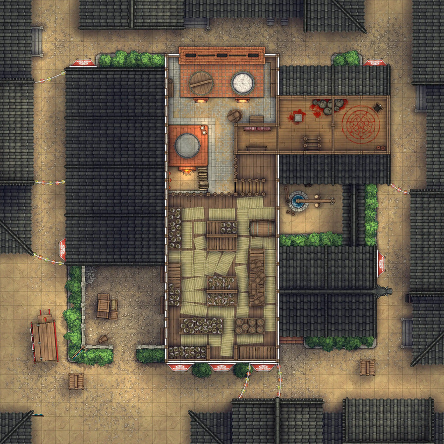 Smugglers’ Sake Brewery Hideout Battlemap - overhead view japanese-style - Digital, Foundry VTT, Print