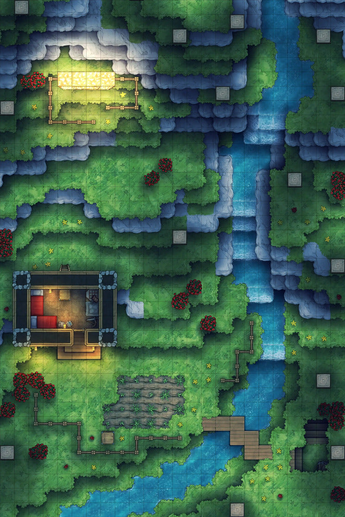 Stuck in a Square World Battlemap - fantasy battle map buildings river - Digital, Foundry VTT, Print