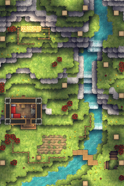 Stuck in a Square World Battlemap - fantasy landscape buildings river - Digital, Foundry VTT, Print