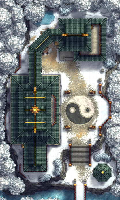 Taoist Forest Temple Battlemap - green white yin yang symbol - Digital, Foundry VTT, Print