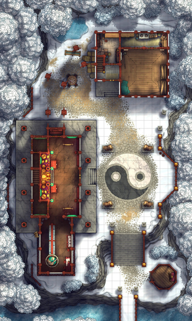 Taoist Forest Temple Battlemap - red gold temple yin yang - Digital, Foundry VTT, Print