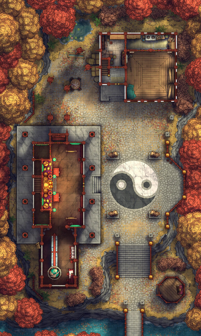 Taoist Forest Temple Battlemap - yin yang garden statue - Digital, Foundry VTT, Print