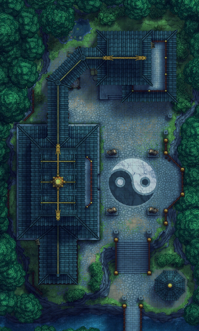 Taoist Forest Temple Battlemap - yin yang garden statue - Digital, Foundry VTT, Print