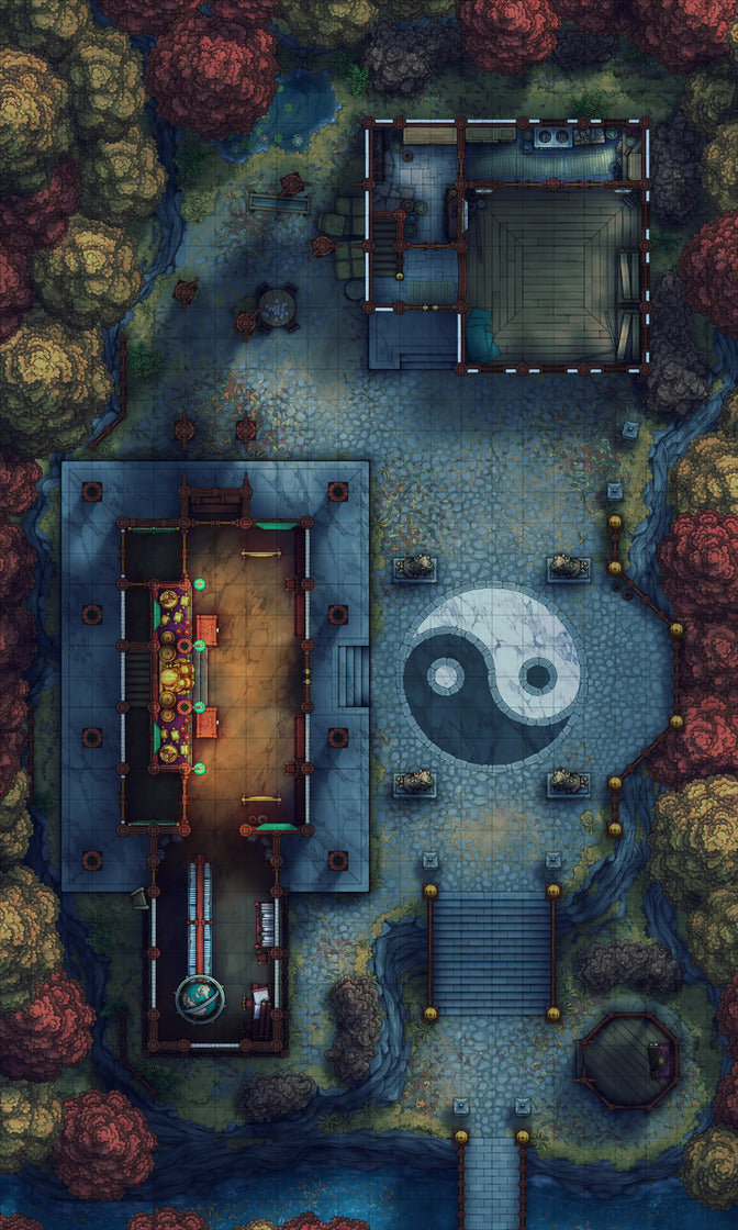 Taoist Forest Temple Battlemap - yin yang garden statue - Digital, Foundry VTT, Print