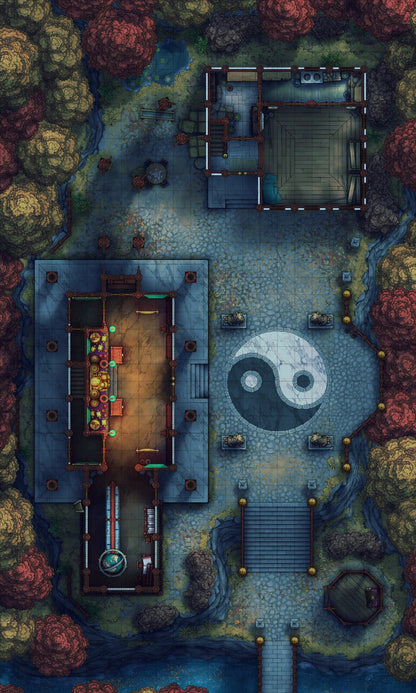 Taoist Forest Temple Battlemap - yin yang garden statue - Digital, Foundry VTT, Print