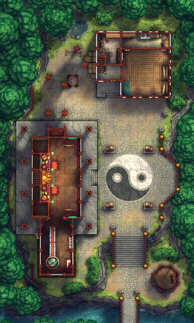 Taoist Forest Temple Battlemap - yin yang garden statue - Digital, Foundry VTT, Print