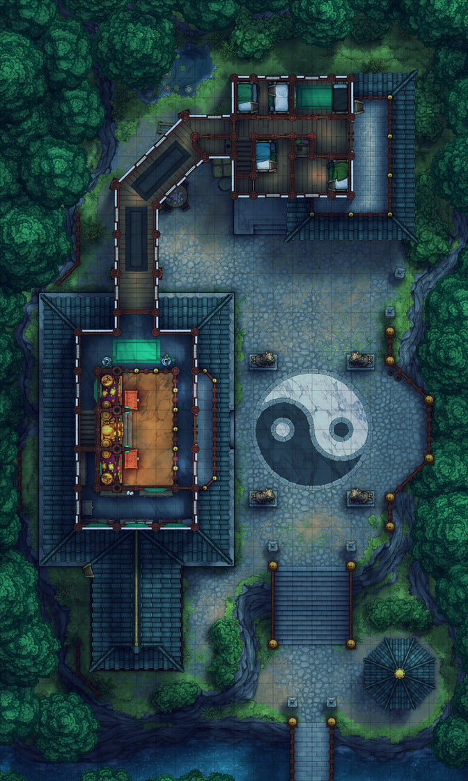 Taoist Forest Temple Battlemap - yin yang garden statue - Digital, Foundry VTT, Print