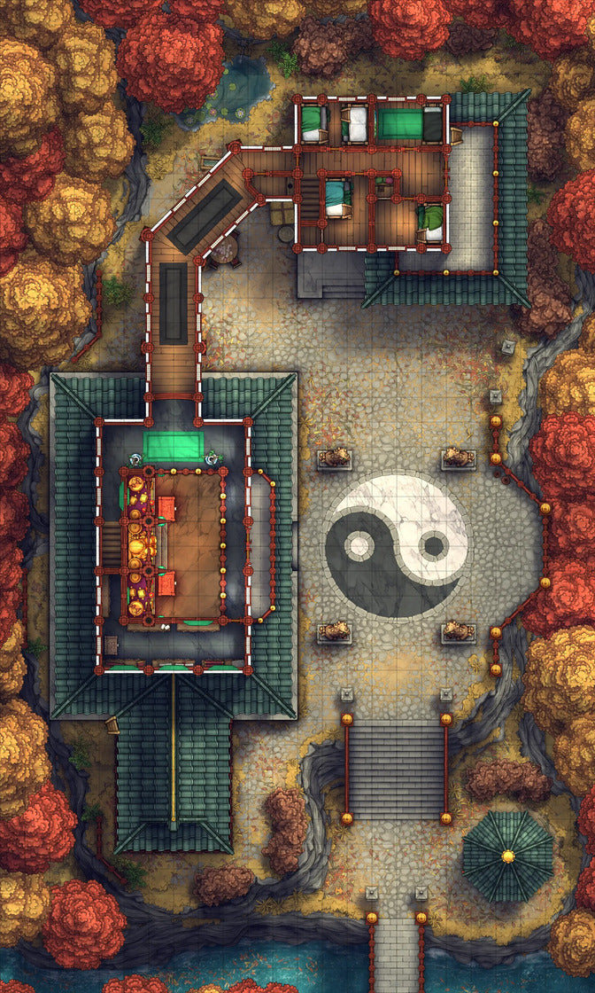 Taoist Forest Temple Battlemap - yin yang garden statue - Digital, Foundry VTT, Print