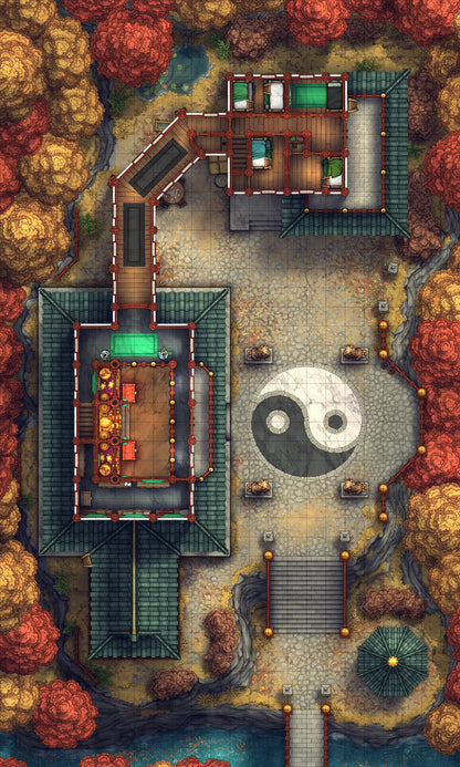 Taoist Forest Temple Battlemap - yin yang garden statue - Digital, Foundry VTT, Print