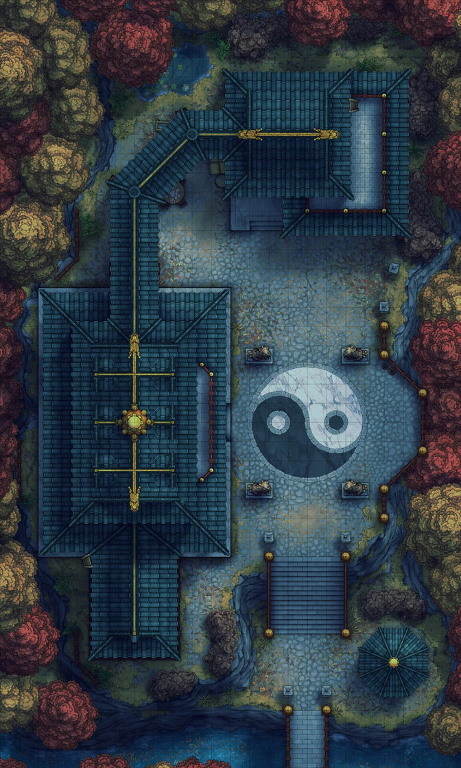 Taoist Forest Temple Battlemap - yin yang garden statue set - Digital, Foundry VTT, Print