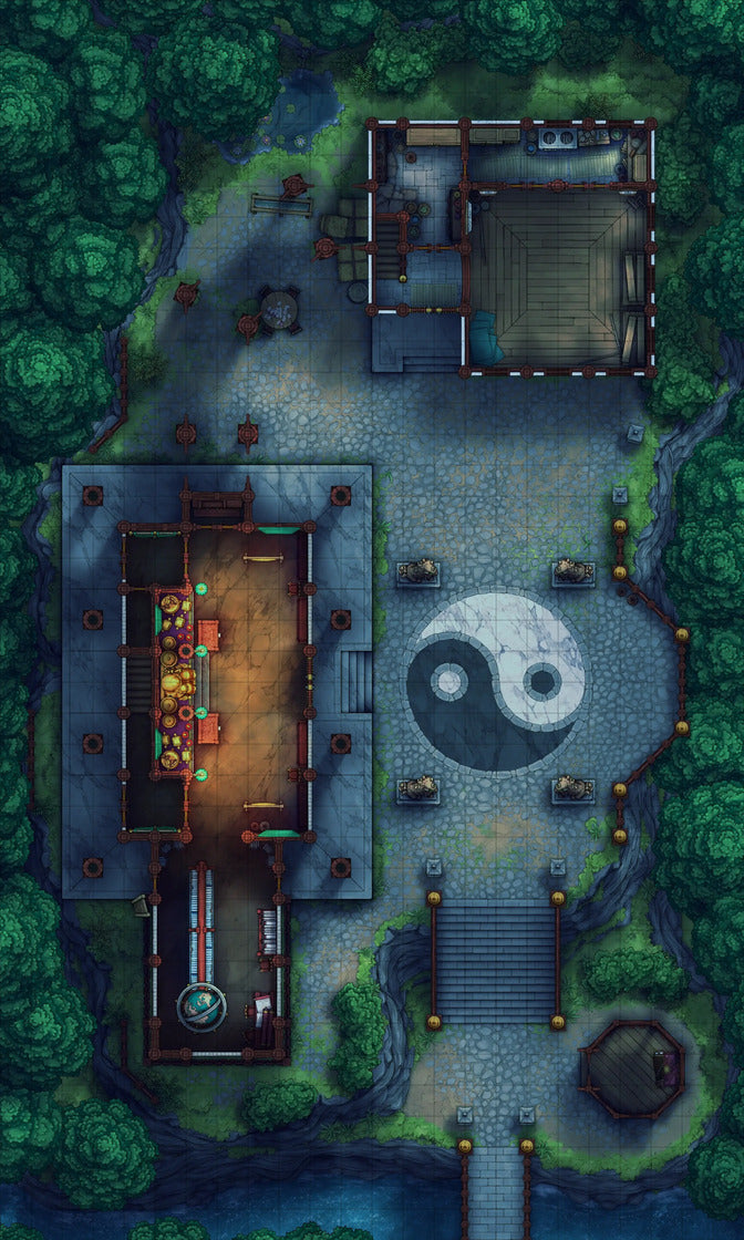 Taoist Forest Temple Battlemap - yin yang garden statue set - Digital, Foundry VTT, Print