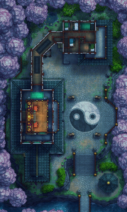 Taoist Forest Temple Battlemap - yin yang stone garden marker - Digital, Foundry VTT, Print