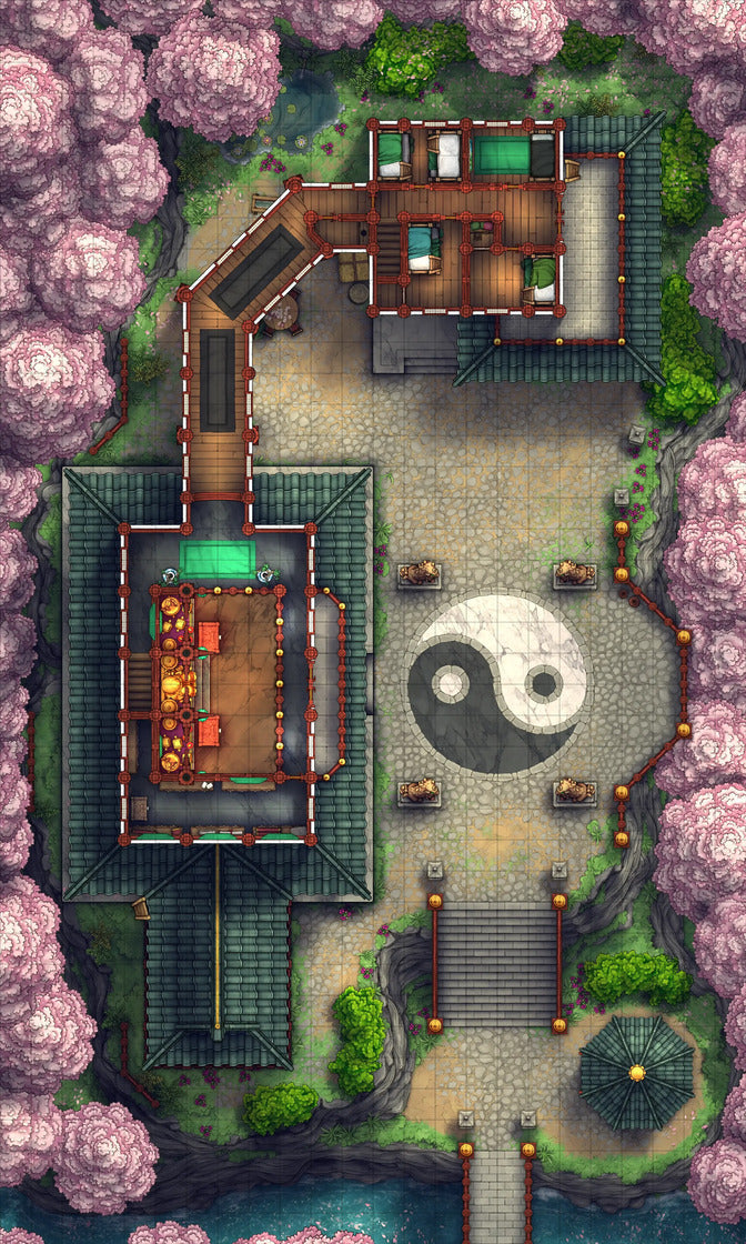 Taoist Forest Temple Battlemap - yin yang stone garden marker - Digital, Foundry VTT, Print