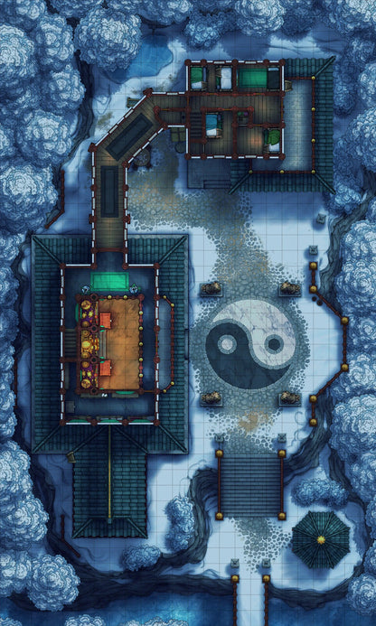 Taoist Forest Temple Battlemap - yin yang stone garden statue - Digital, Foundry VTT, Print