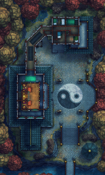 Taoist Forest Temple Battlemap - yin yang stone garden statue - Digital, Foundry VTT, Print
