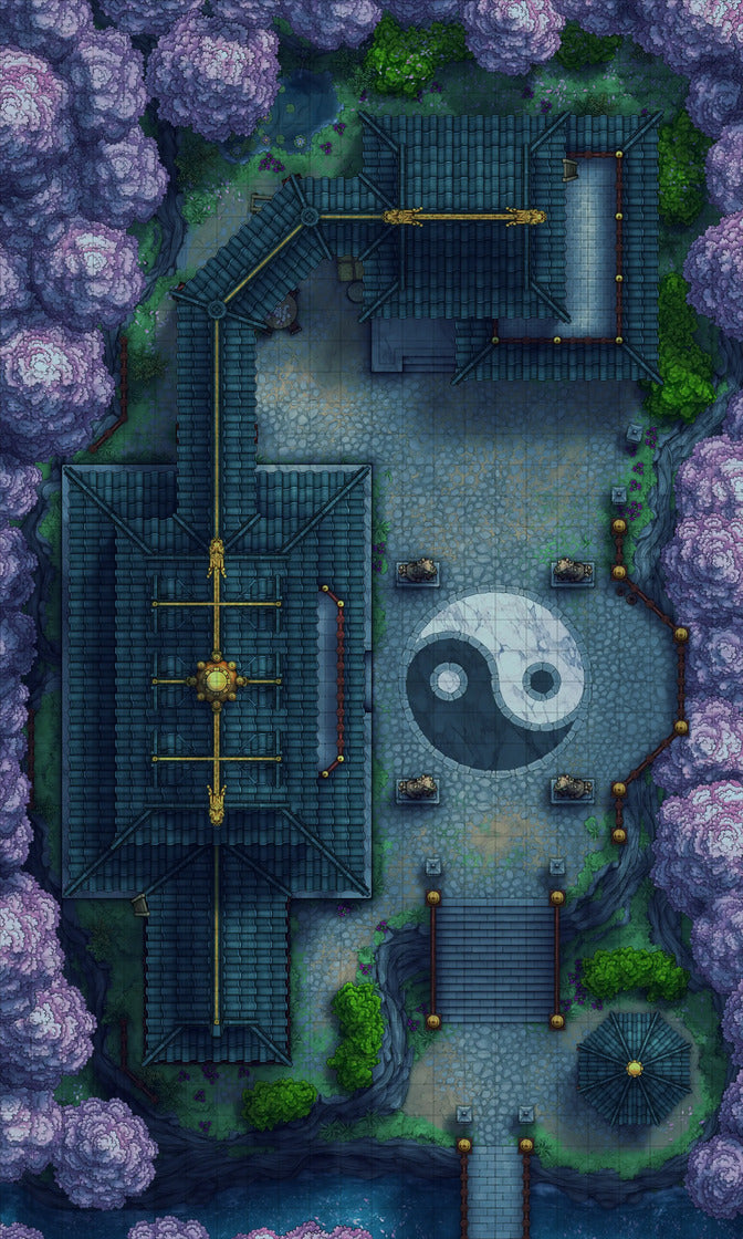 Taoist Forest Temple Battlemap - yin yang stone garden statue - Digital, Foundry VTT, Print
