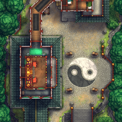 Taoist Forest Temple Battlemap - yin yang stone medallion garden - Digital, Foundry VTT, Print