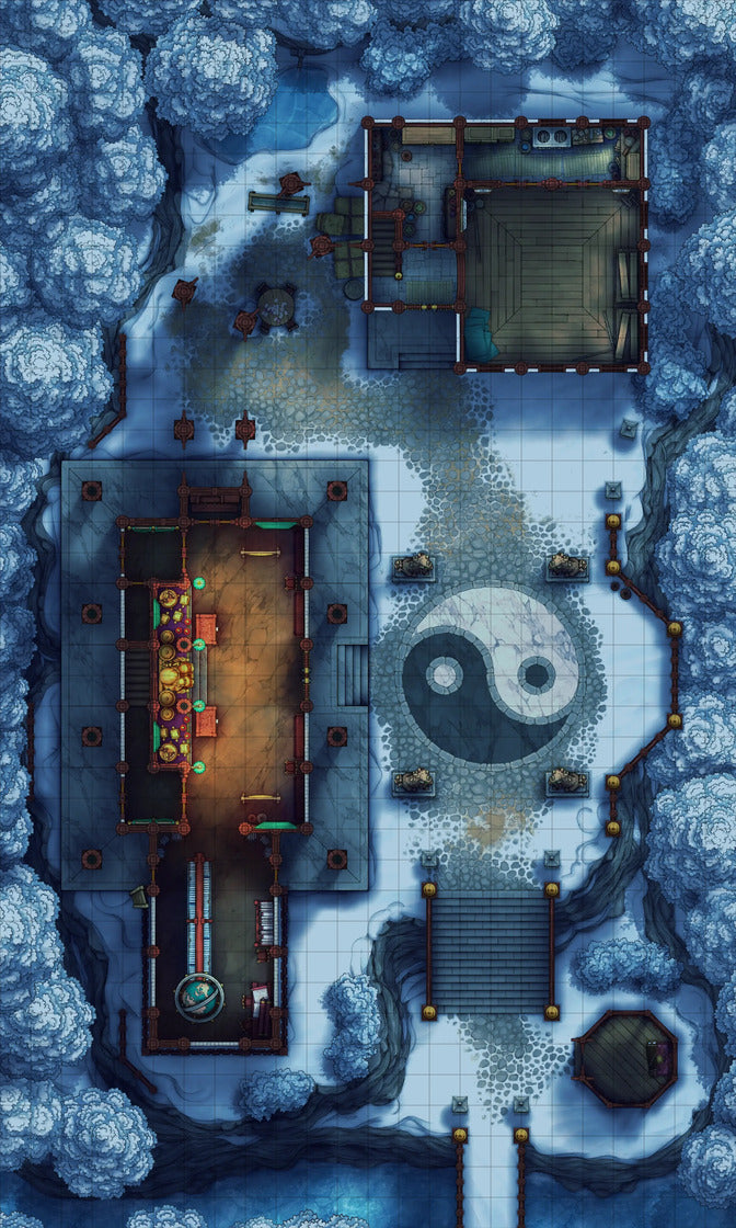 Taoist Forest Temple Battlemap - yin yang stone statue snowy - Digital, Foundry VTT, Print