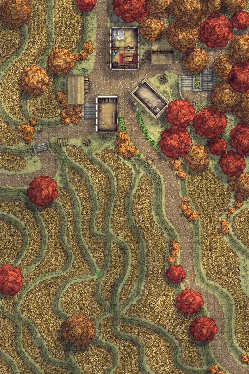 Terraced Rice Paddy Farm Battlemap - autumnal village map - Digital, Foundry VTT, Print