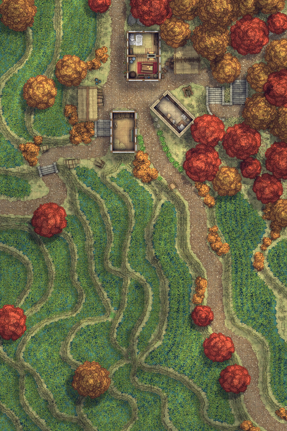 Terraced Rice Paddy Farm Battlemap - autumnal village map - Digital, Foundry VTT, Print