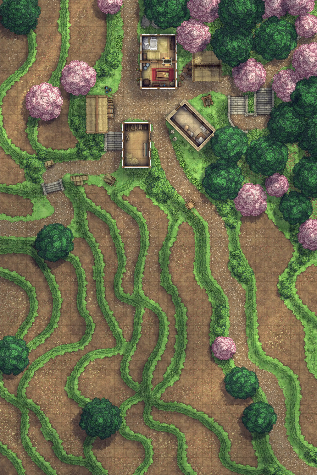 Terraced Rice Paddy Farm Battlemap - terraced farmland buildings - Digital, Foundry VTT, Print