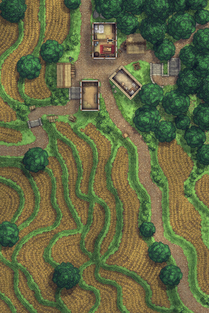Terraced Rice Paddy Farm Battlemap - terraced farmland village - Digital, Foundry VTT, Print