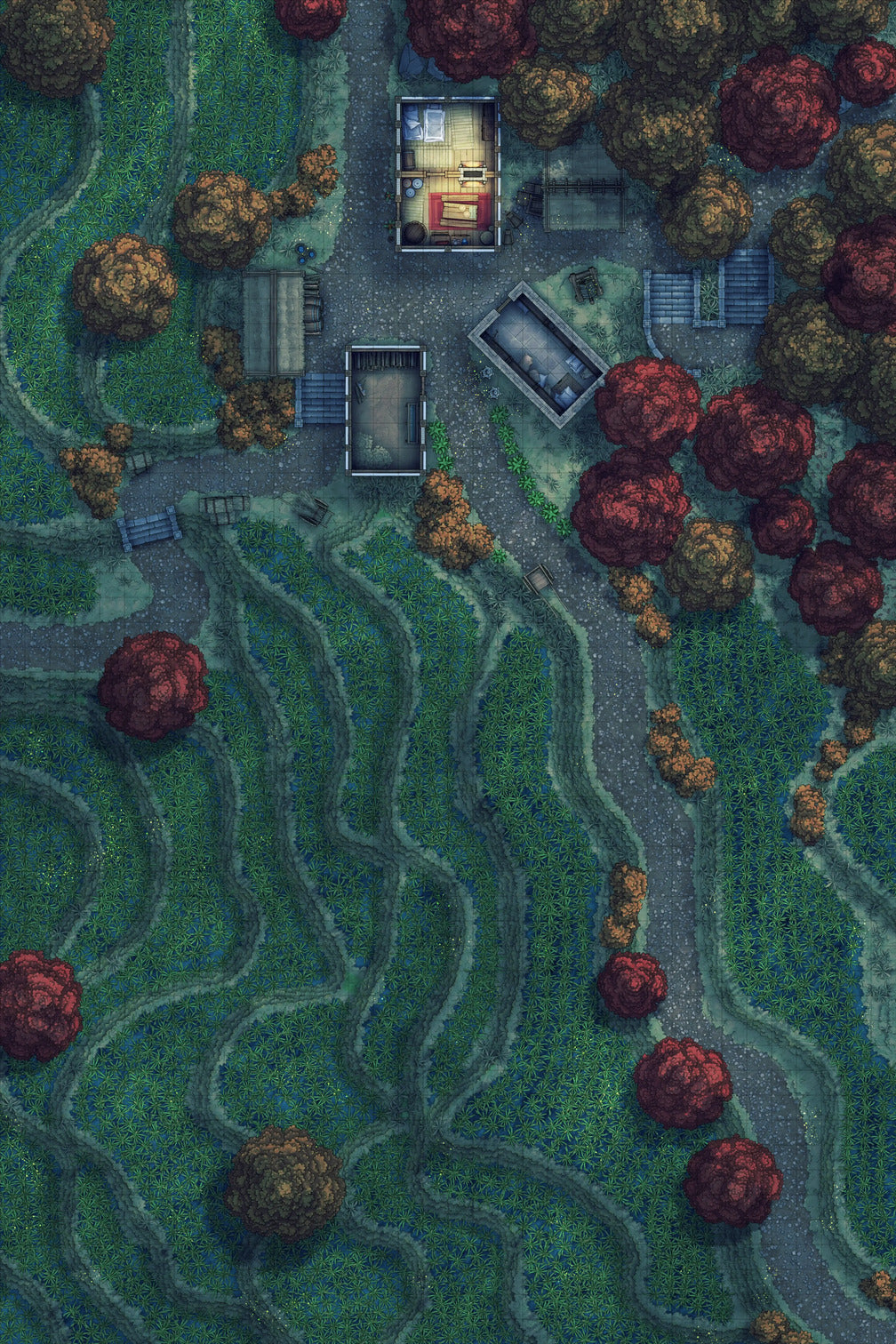 Terraced Rice Paddy Farm Battlemap - overhead view rural village - Digital, Foundry VTT, Print