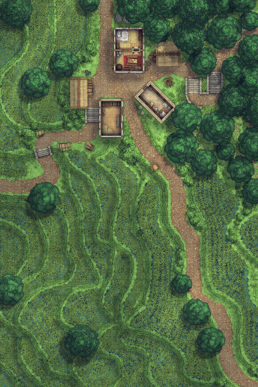 Terraced Rice Paddy Farm Battlemap - overhead view rural village - Digital, Foundry VTT, Print