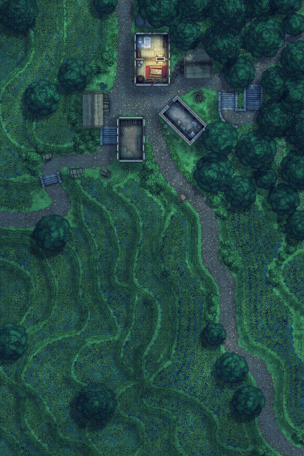 Terraced Rice Paddy Farm Battlemap - overhead view village - Digital, Foundry VTT, Print