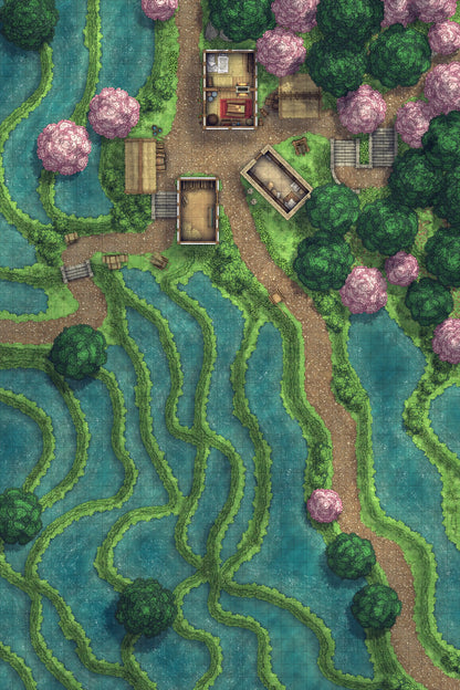 Terraced Rice Paddy Farm Battlemap - overhead view rice paddy village - Digital, Foundry VTT, Print