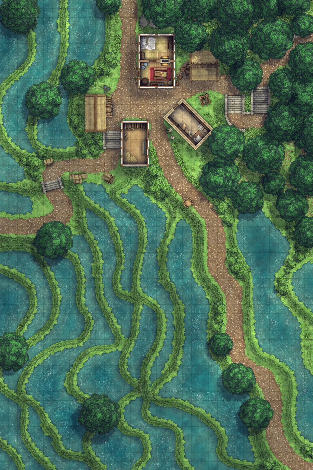 Terraced Rice Paddy Farm Battlemap - overhead view village - Digital, Foundry VTT, Print